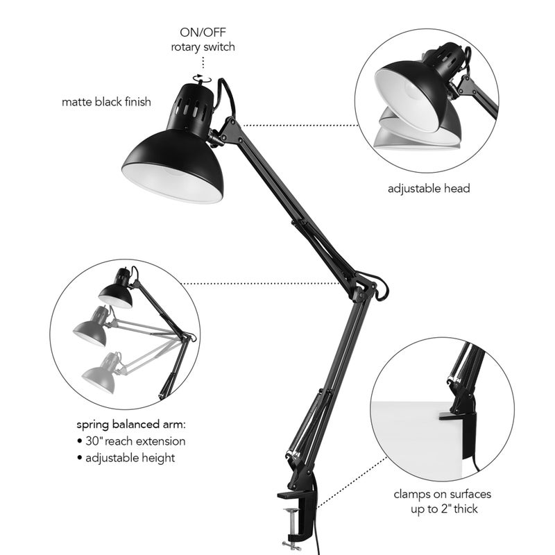 Globe Electric مصباح مكتب متعدد المفاصل من جلوب إلكتريك 56963 بحجم 31.5" مع مشبك معدني، أسود، مفتاح دوار للتشغيل/الإيقاف على الظل، ذراع متأرجح قابل للتعديل جزئيًا، أساسيات المنزل، ضوء قراءة، ديكور المكتب - Image 4